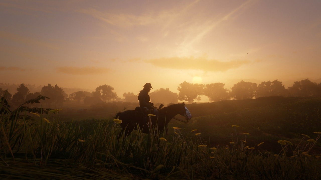 Screenshot from Red Dead Redemption 2 showing a man riding a horse while bathed in sunlight