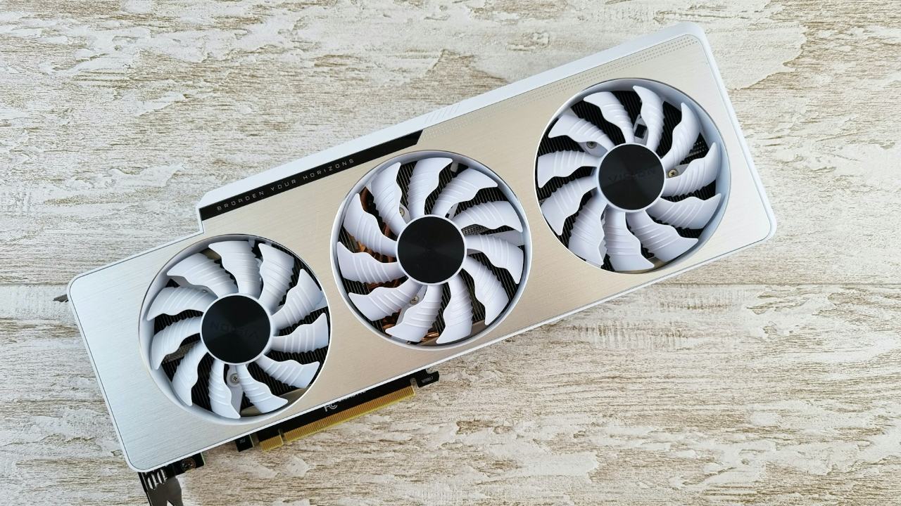 Gigabyte Vision white graphics card on a table