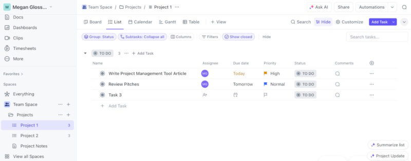 Click Up Project Management Tool