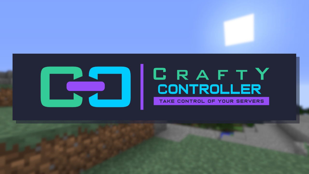 A screenshot of a Minecraft world with a logo of the Craft Controller on top of it.