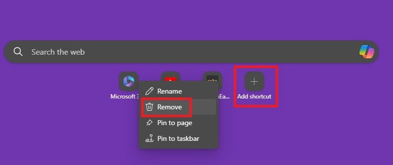 Adding a new shortcut to Edge.