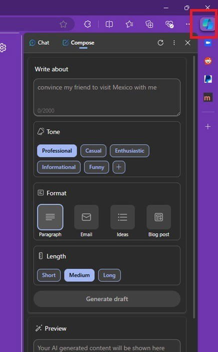 Composing new text with Copilot in Edge.