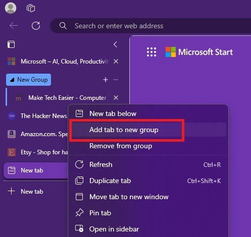 Manually creating a new tab group in Edge.