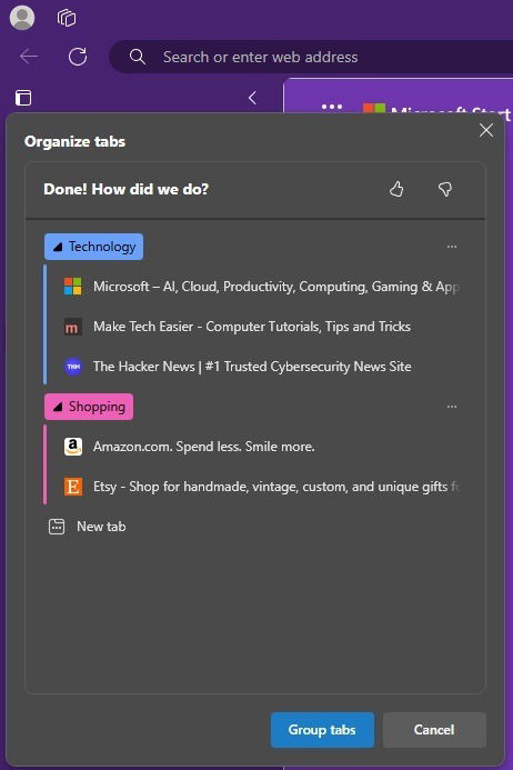 Grouping tabs via AI.