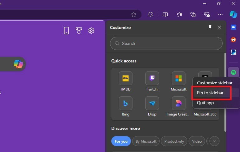 Pinning items to the Sidebar in Edge.