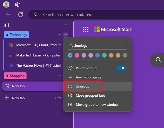 Ungrouping tabs in Edge.