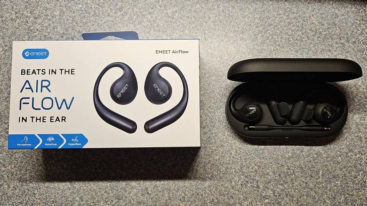 Emeet Airflow Earbuds in case with box.