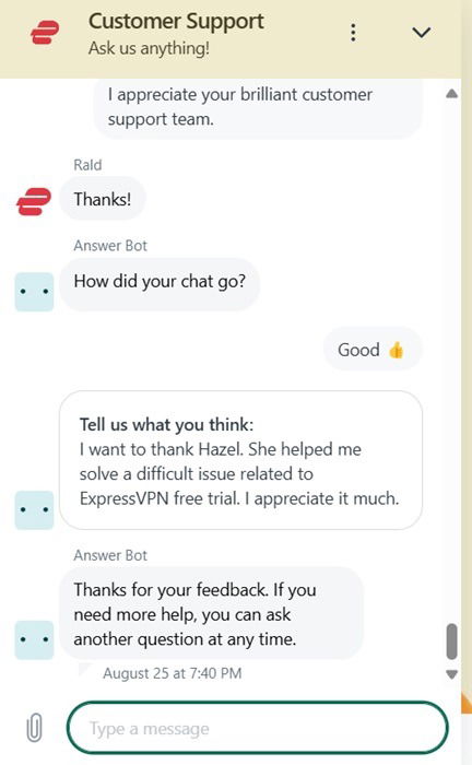 ExpressVPN customer service on chat window.