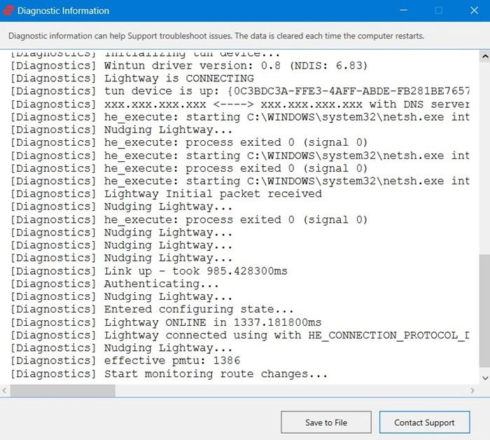 Monitoring route changes using Lightway protocol using ExpressVPN diagnostics.