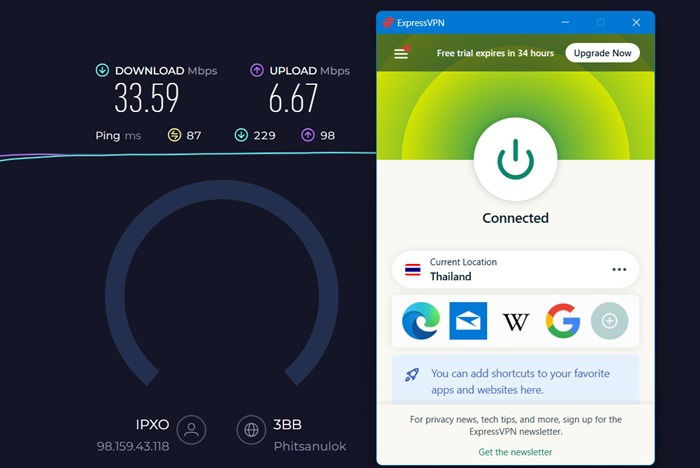 ExpressVPN speed measured for a "smart location" close to the ISP servers using Speedtest.