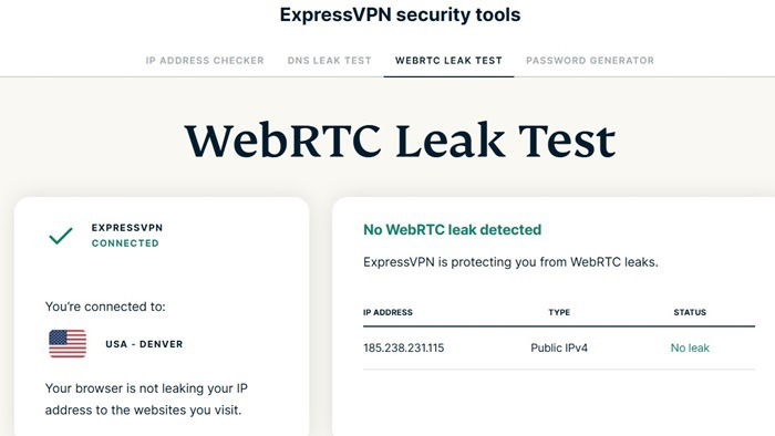 WebRTC leak test using ExpressVPN ensures no data leakage through the browser.