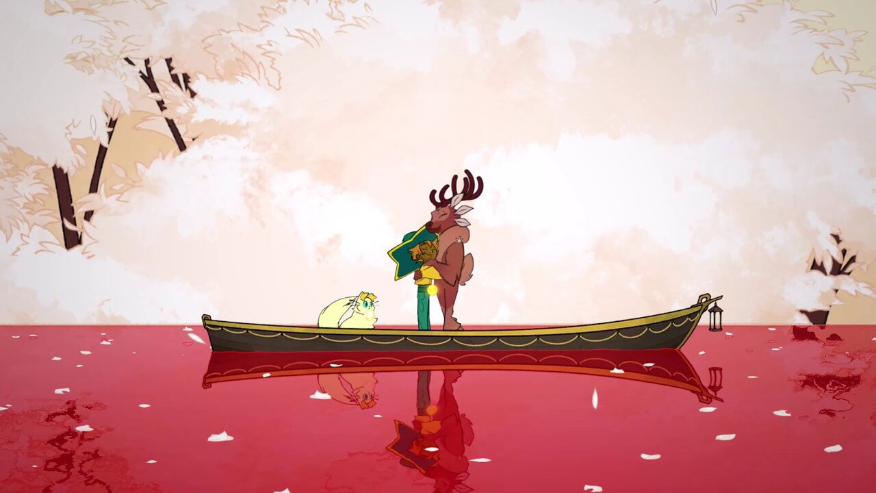 Stella hugs a spirit on a boat in Spiritfarer, a great game to play with your partner.