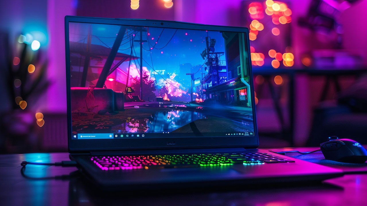 AI generated image of a gaming laptop in a dark moody ambiance.