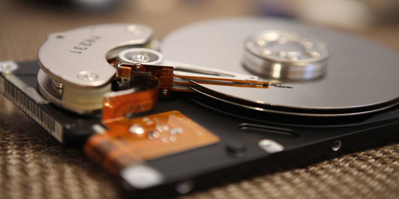 A photograph of the internals of a slim hard drive.