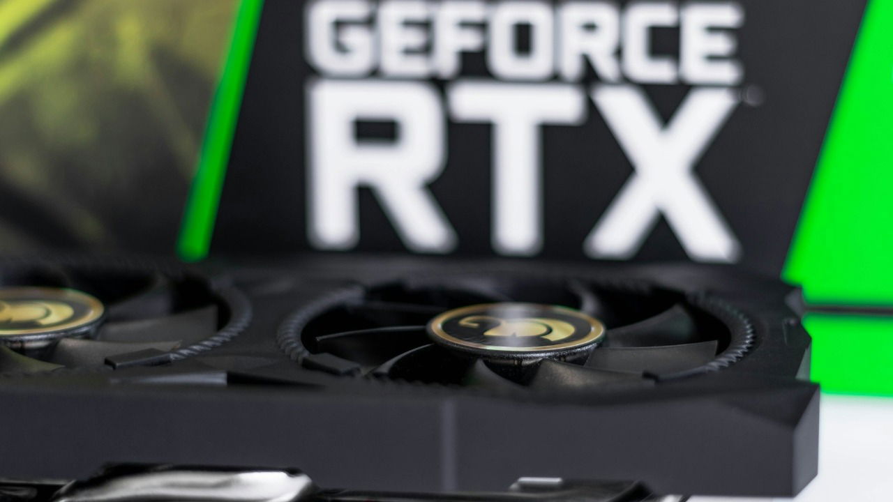 Close-up of Nvidia RTX graphics card with box