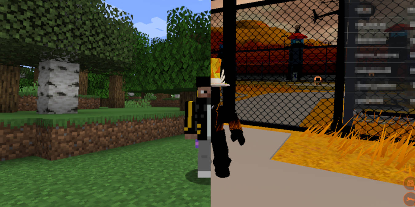 A screenshot of a Minecraft character side by side with a Roblox character.