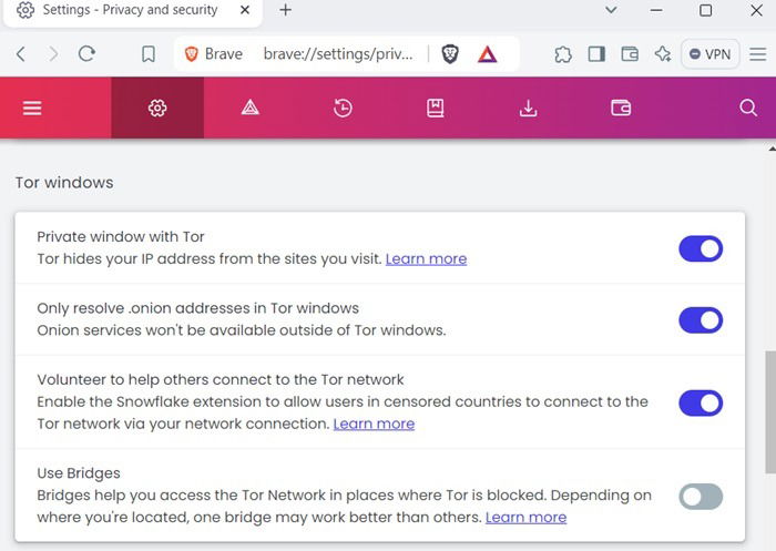 Tor windows settings enabled on Brave browser on a Windows device.