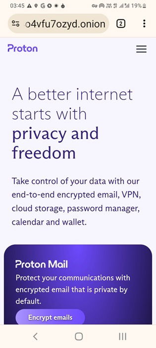 Opening Proton's onion link on a Google Chrome browser in Android using Orbot.