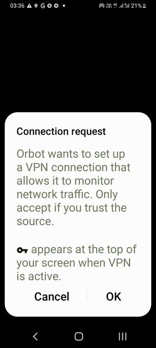 Orbot app VPN connection request on Android.