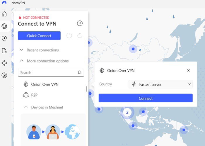 NordVPN app with specialty Onion over VPN servers ready to connect.