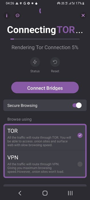 Connecting Tor through Ornet app on Android.