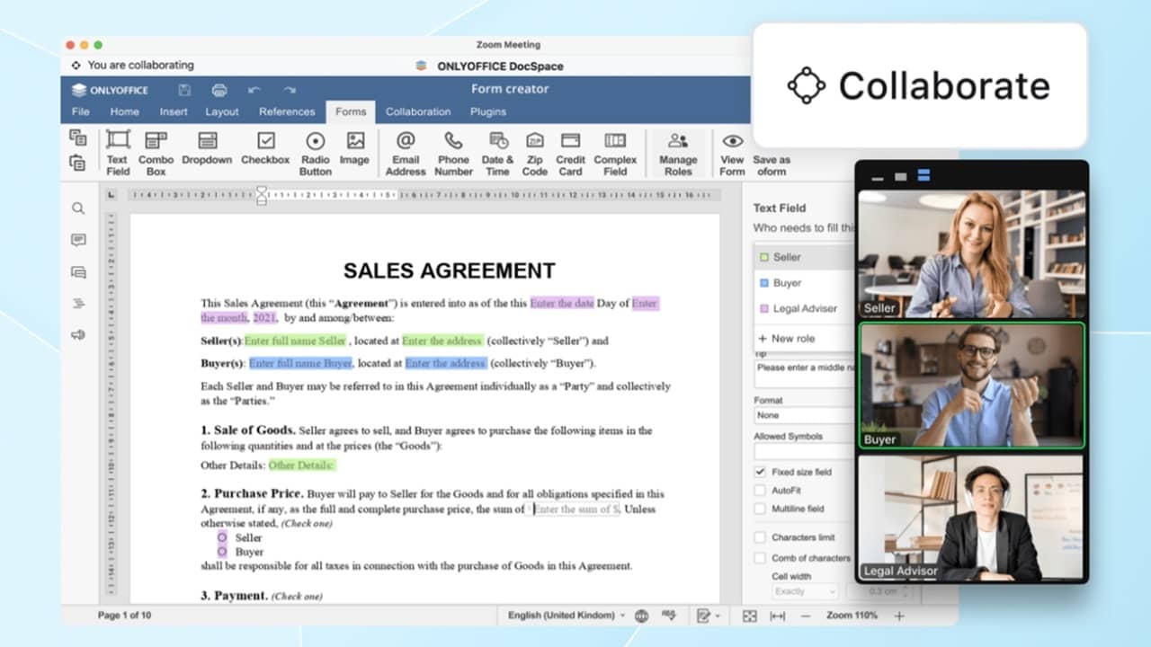 Example of ONLYOFFICE DocSpace for Zoom in use during a meeting.