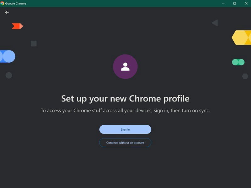 Deciding whether to set up Chrome profile with our without account.