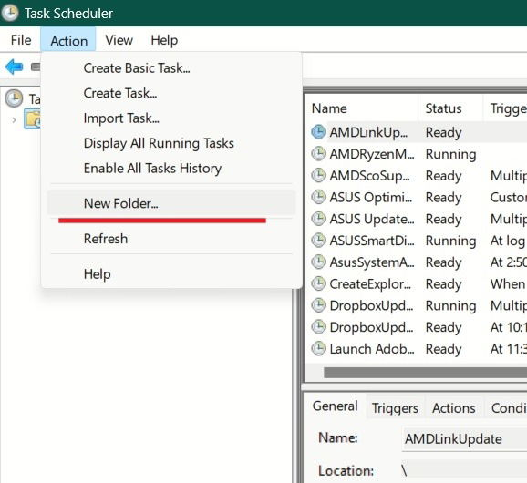 Creating new folder in Task Scheduler.