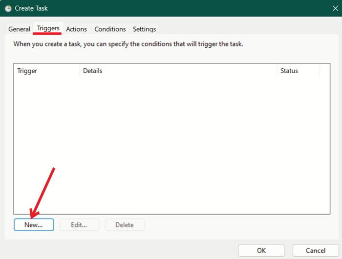 Creating a new trigger in Task Scheduler.