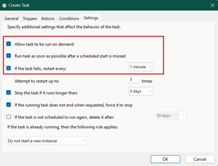 Enabling options in Settings for new task in Task Scheduler.