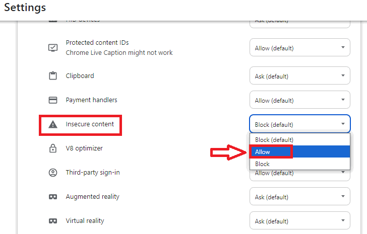 Allow Insecure Content Browsing for a specific web page to disable Insecure Download Blocked.