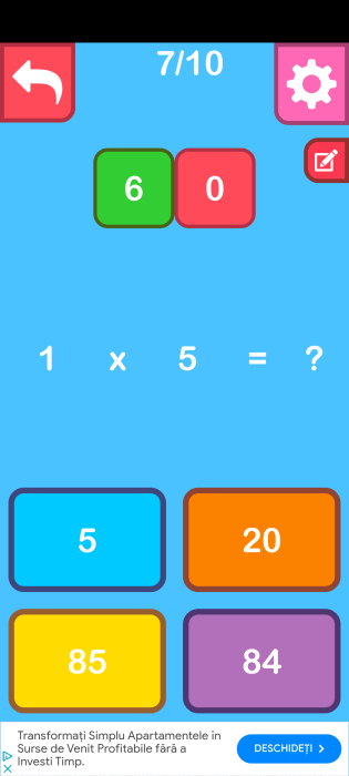 Quiz view in Math Games app on Android.