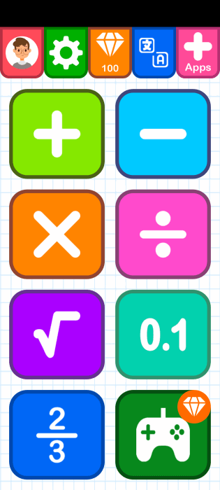 Main menu view in Math Games app on Android.