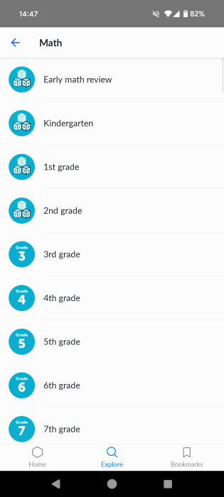 Selecting a grade in Math section in Khan Academy Android app.