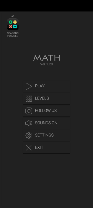 Main menu view in Math Riddles app on Android.