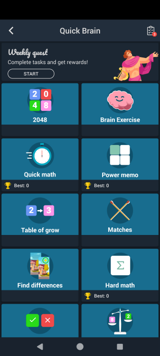 Main menu for Math Games: Brain IQ Riddles on Android.