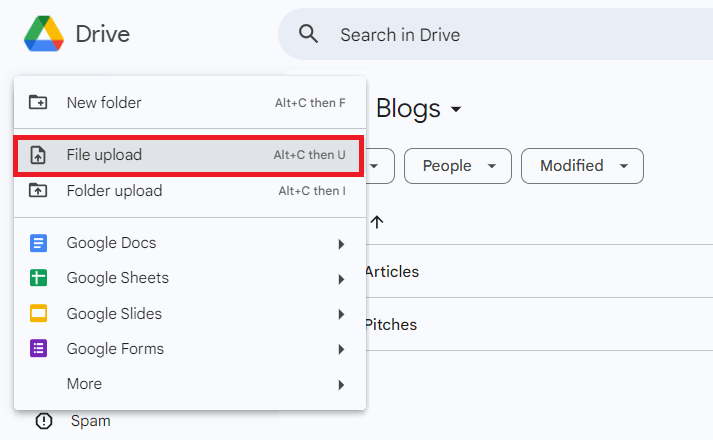 Step that shows to click on File Upload option to upload PDF file to Google Drive