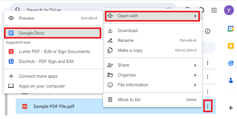 Open the PDF in Open With Google Docs mode on Google Drive