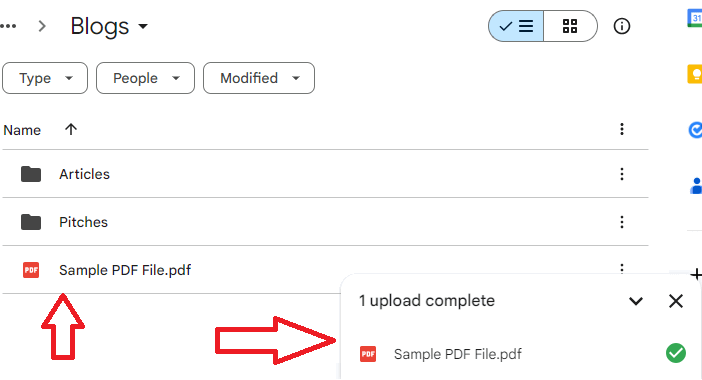 Uploaded PDF file is visible on the Google Drive.