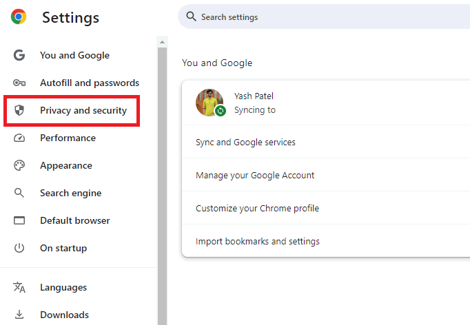 Select Privacy and Security option in Google Chrome Web Browser settings.