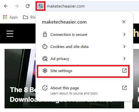 Open Site Settings for a specific web page on Google Chrome.